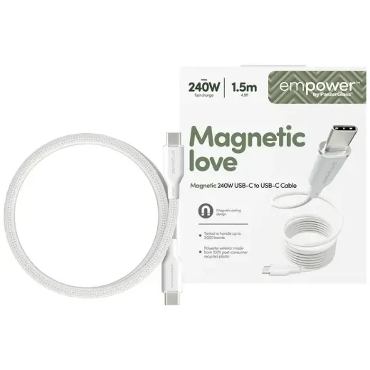 PanzerGlass Empower Magnetic datu pārraides un uzlādes vads | USB-C uz USB-C | 240W | 1.5m | sudraba krāsā, balts