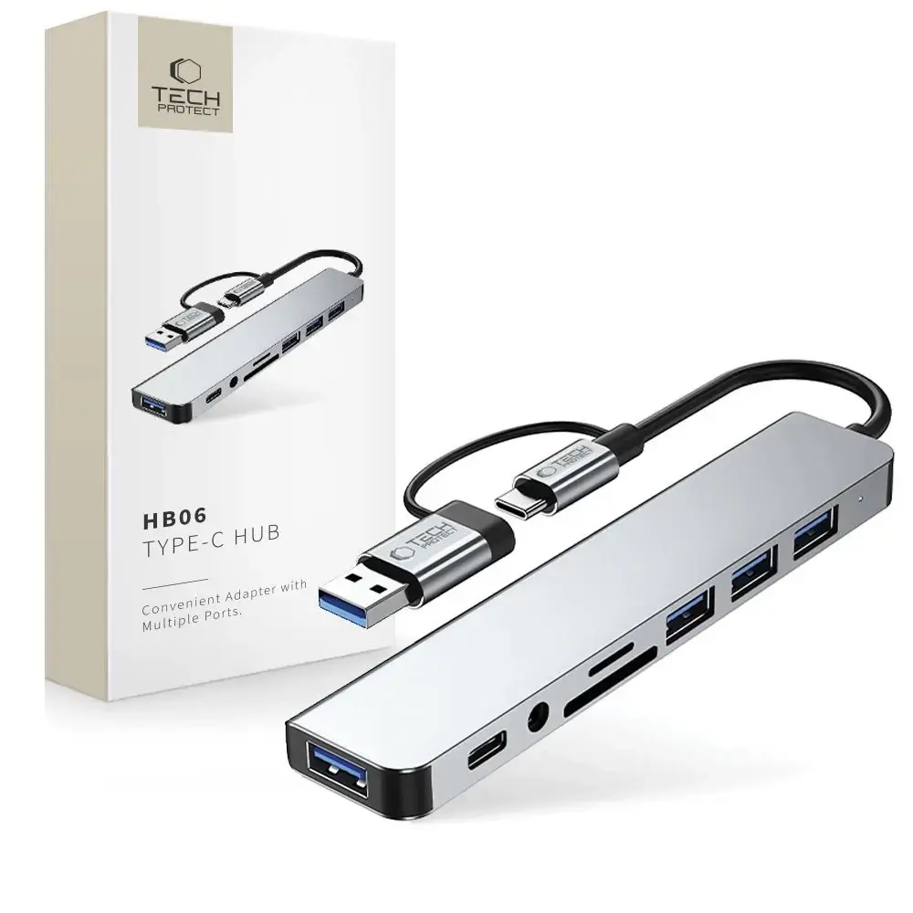 Tech-Protect HB06 8-in-1 USB hub | USB-C to USB 2.0, USB 3.0, SD, microSD, 3.5mm, USB-C | gray