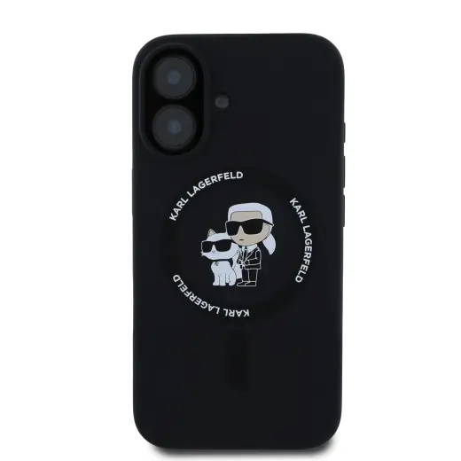 Karl Lagerfeld Liquid Silicone Karl and Choupette чехол с поддержкой MagSafe для телефона iPhone 16 чёрный