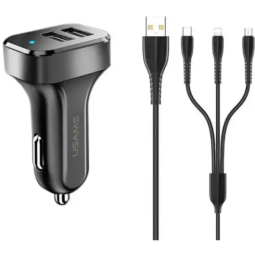 Usams U32 auto lādētājs | 10.5W | USB-A, Micro USB, USB-C, Lightning | ar USB-A uz Micro USB, USB-C, Lightning vadu komplektā | melns