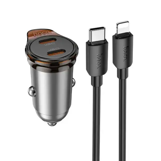 HOCO NZ16B auto lādētājs | 45W | PD, QC | USB-C | ar USB-C uz Lightning vadu komplektā | pelēks