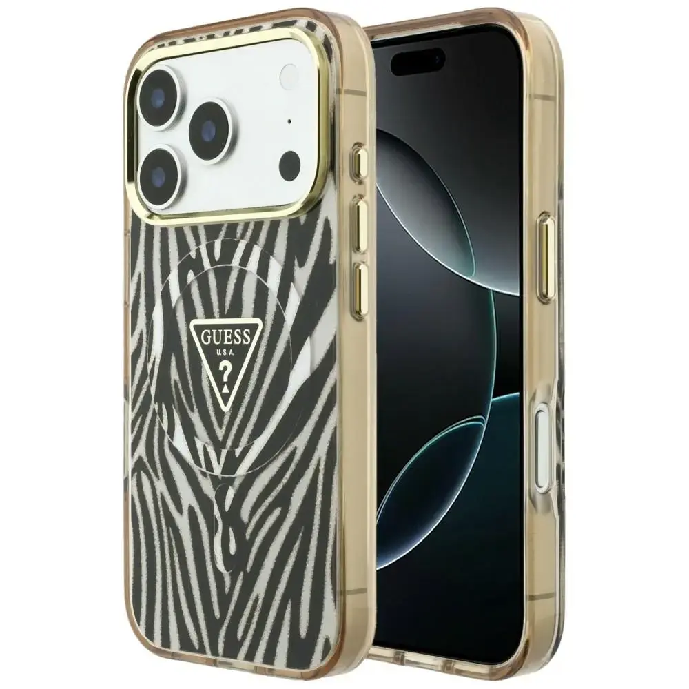 Guess IML Zebra Glitter Triangle Logo telefono dėklas su MagSafe palaikymu iPhone 18 Pro | iPhone 17 Pro auksinis (zebra)
