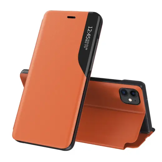 Eco Leather View Case knyginio tipo telefono dėklas su stovu iPhone 13 oranžinis