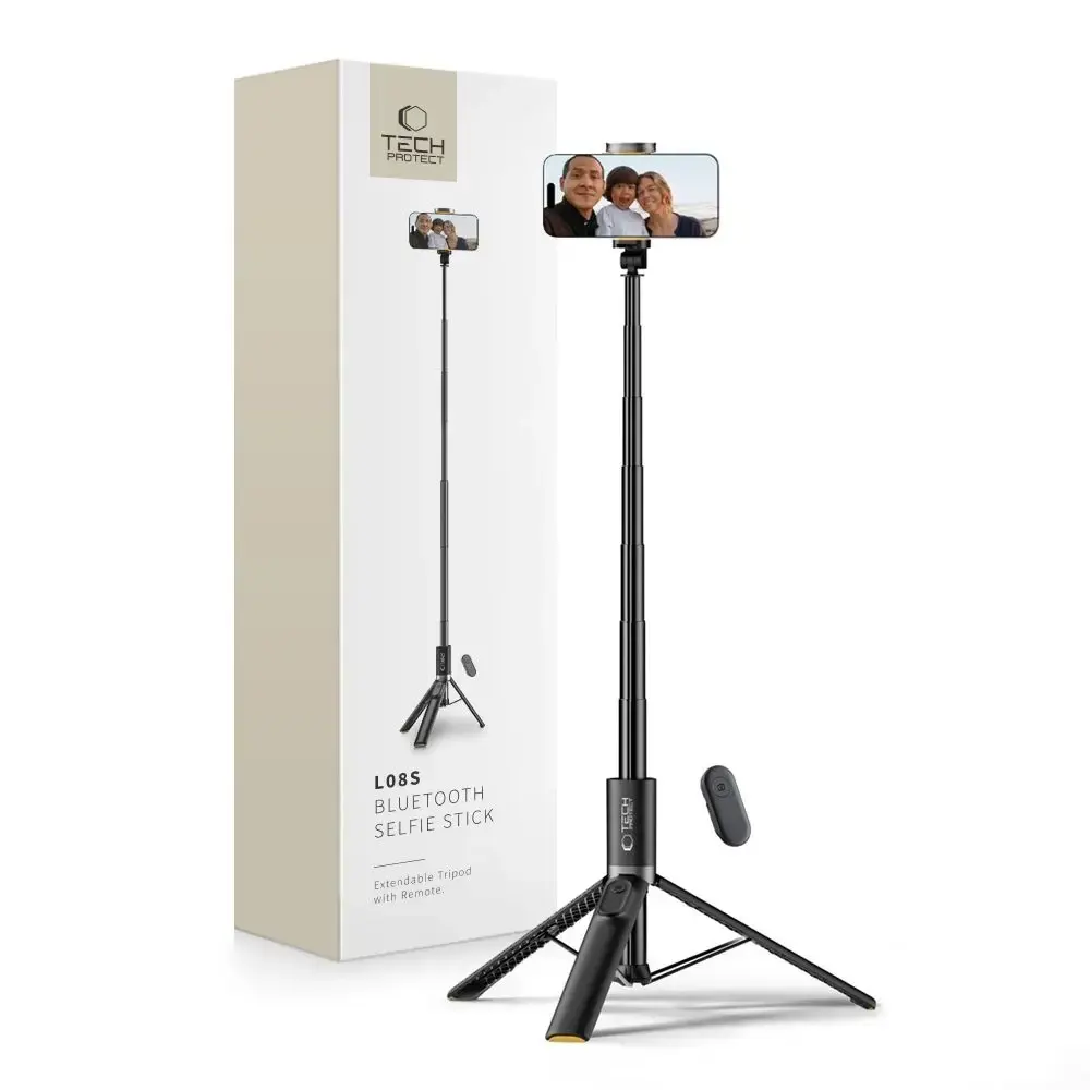 Tech-Protect L08S Bluetooth selfie stick with remote control, tripod up to 141cm - black