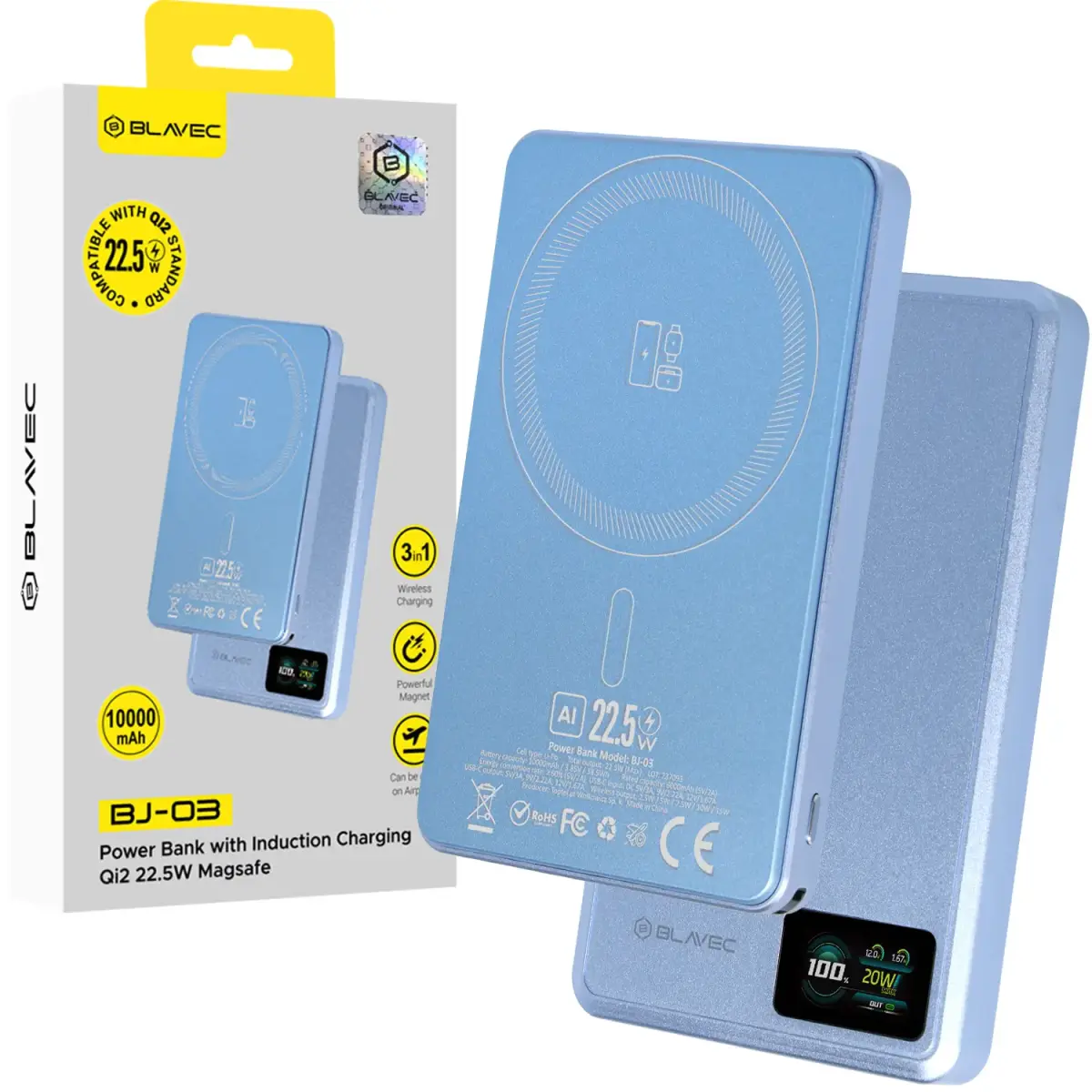 Blavec Power Bank 10000mAh BJ-03 Slim 13,5mm - Type C - 22,5W magnetic Magsafe 3 in 1 (PBBJ03-MC10LB) lightblue aluminum