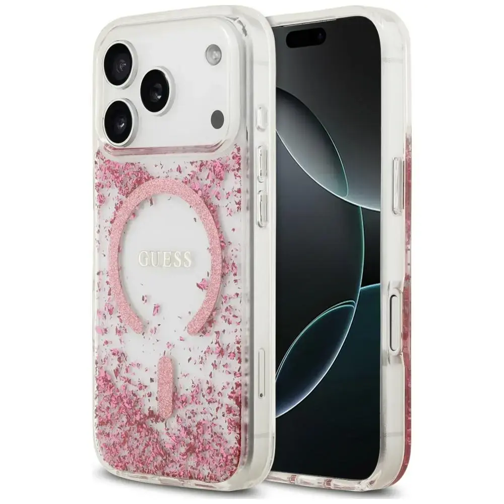 Guess Resin Bottom Glitter maciņš ar MagSafe atbalstu telefonam iPhone 18 Pro | iPhone 17 Pro rozā