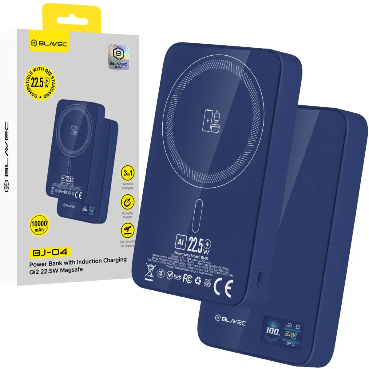 Blavec BJ-04 Slim Power Bank | 10,000 mAh | 22.5W | USB-C, Wireless, MagSafe | blue