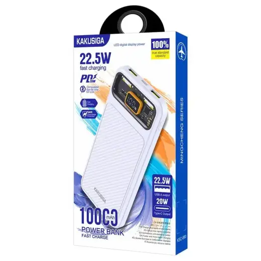 KAKUSIGA KSC-890 ārējais akumulators (powerbank) | 10000 mAh | 22.5W | USB-A, USB-C | balts