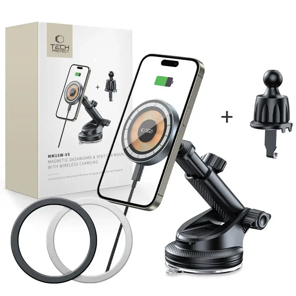 Tech-Protect MM15W-V5 magnetic car phone holder for air vent and windshield with 15W wireless charging MagSafe compatible black