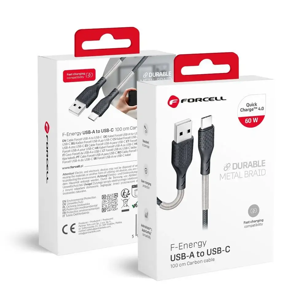 Forcell F-Energy CB-02A duomenų perdavimo ir įkrovimo laidas | USB-A į USB-C | QC 4.0 | 60W | 1m | juodas