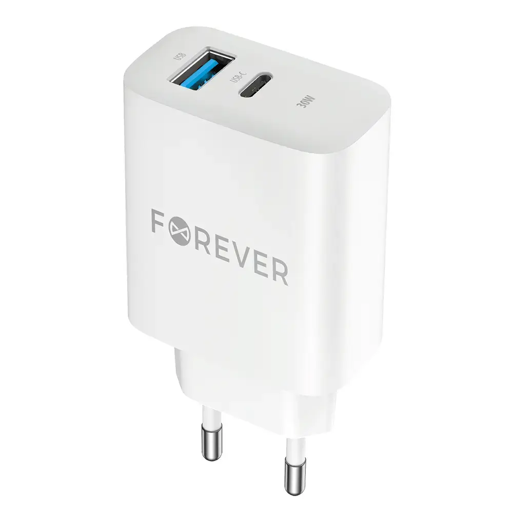 Forever TC-07-30AC travel charger | 30W | PD, QC | USB-C, USB-A | white