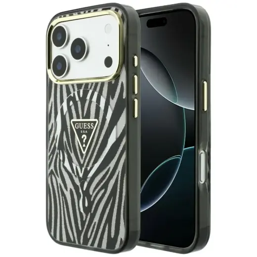 Case Guess IML Zebra Glitter Triangle    Logo MagSafe for iPhone 18 Pro Max / 17 Pro Max silver