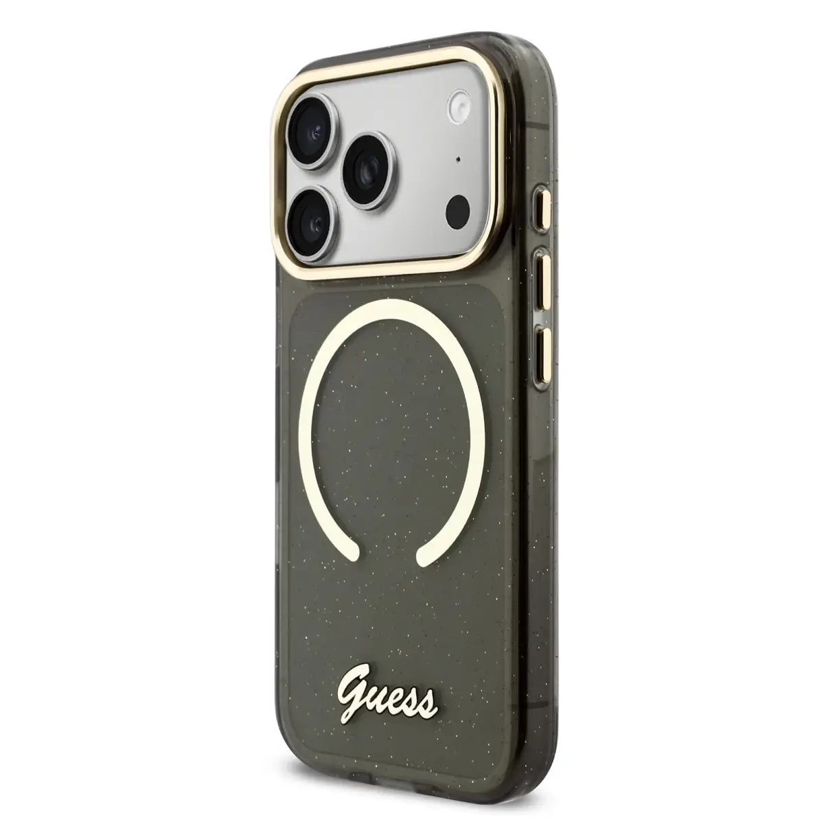 Guess IML Glitter Script Strap phone case with MagSafe support for iPhone 17 Pro black