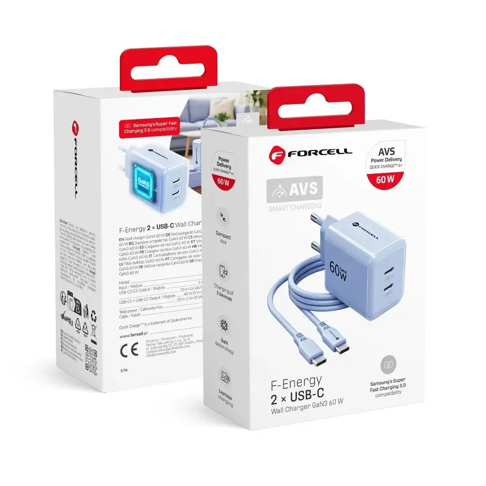 Forcell F-Energy GaN III Crystal Color tīkla lādētājs | 60W | GaN, PPS | USB-C | ar USB-C uz USB-C vadu komplektā | zils
