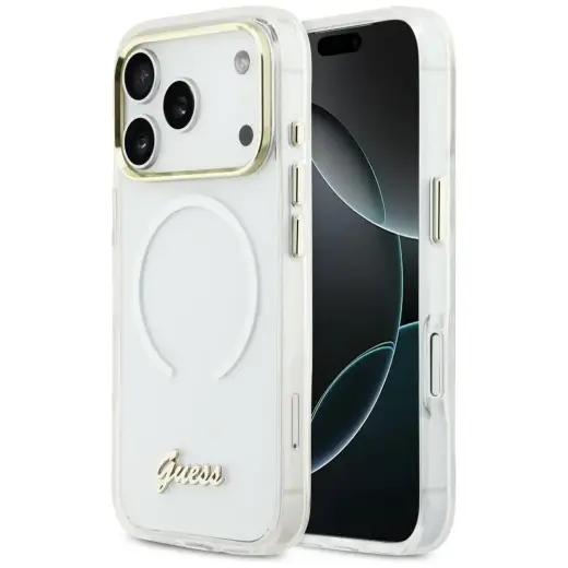 Guess IML Gradient Script Metal maciņš ar MagSafe atbalstu telefonam iPhone 17 Pro Max balts