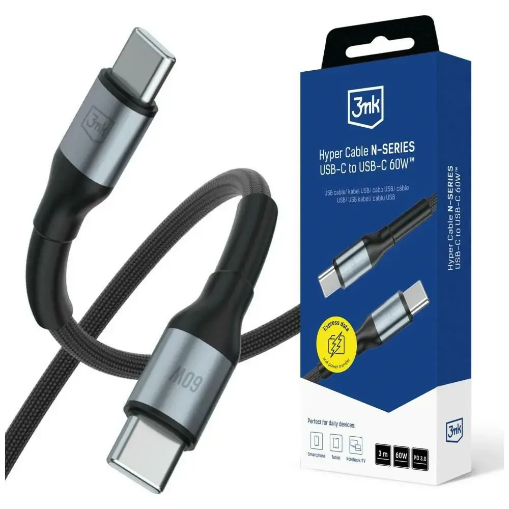 3mk Hyper N-SERIES datu pārraides un uzlādes vads | USB-C uz USB-C | PD 3.0, QC 3.0 | 60W | 3m | melns