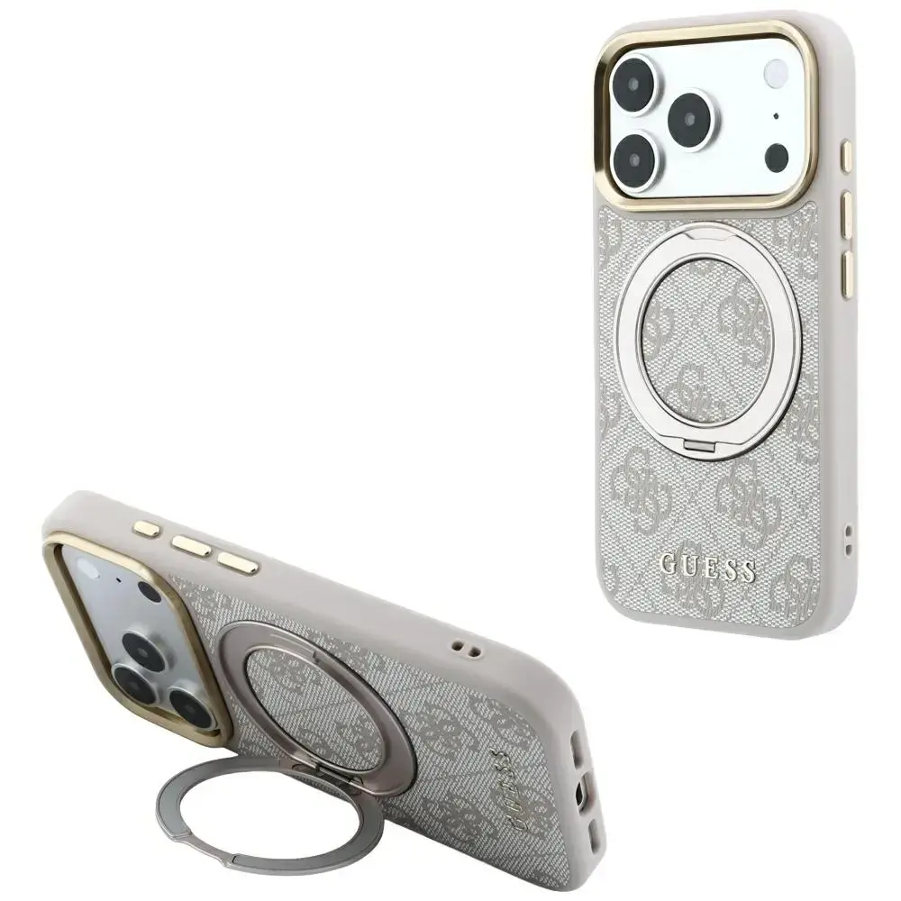 Guess Ring Stand 360 4G Classic Logo maciņš ar statīvu un MagSafe atbalstu telefonam iPhone 18 Pro Max | iPhone 17 Pro Max rozā