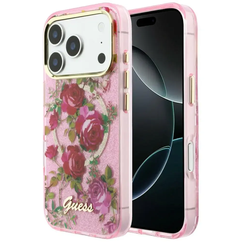 Case Guess IML Glitter Blossom Roses for iPhone 18 Pro / iPhone 17 Pro pink