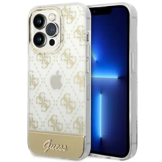 Guess PC|TPU Peony Glitter Script Logo maciņš telefonam iPhone 14 Pro Max zelta krāsā