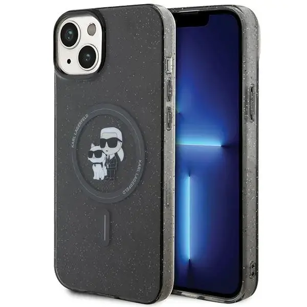 Karl Lagerfeld KLHMP15SHGKCNOK Karl&Choupette Glitter maciņš ar MagSafe atbalstu telefonam iPhone 15 melns