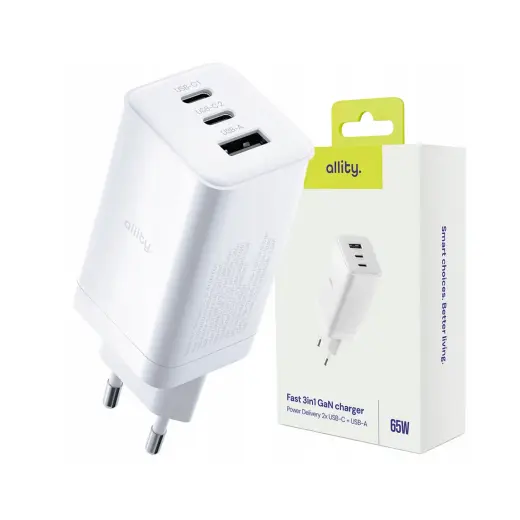 Allity wall charger GaN PD QC ATC-01-65WACC 2x USB-C 1x USB-A 65W white