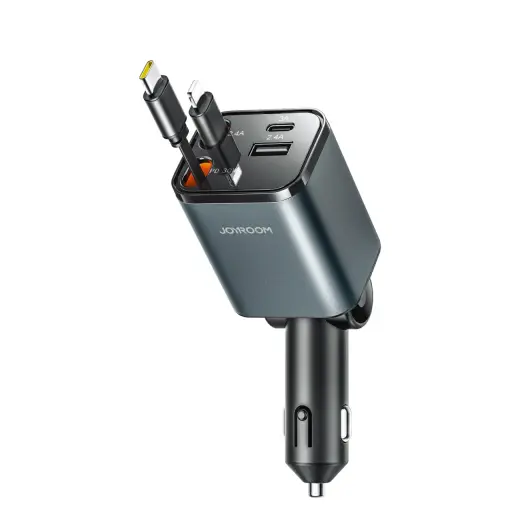 Joyroom JR-CCL05 auto lādētājs | 30W | PD, QC, PPS | USB-C, Lightning, USB-A | ar USB-C un Lightning vadiem komplektā | tumši pelēks