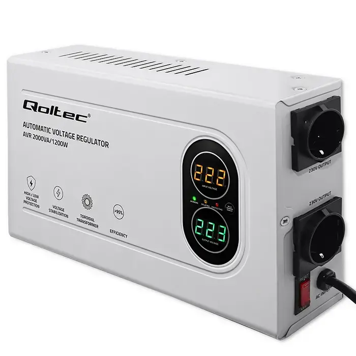 Qoltec Automatic Voltage Stabilizer AVR 2000VA | 1200W | Compact | Toroidal transformer