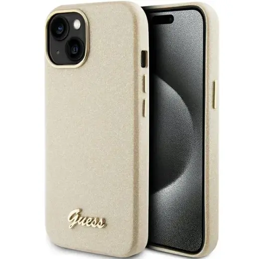 Guess GUHCP15SPGMCSD Glitter Glossy Script maciņš telefonam iPhone 15 zelta krāsā