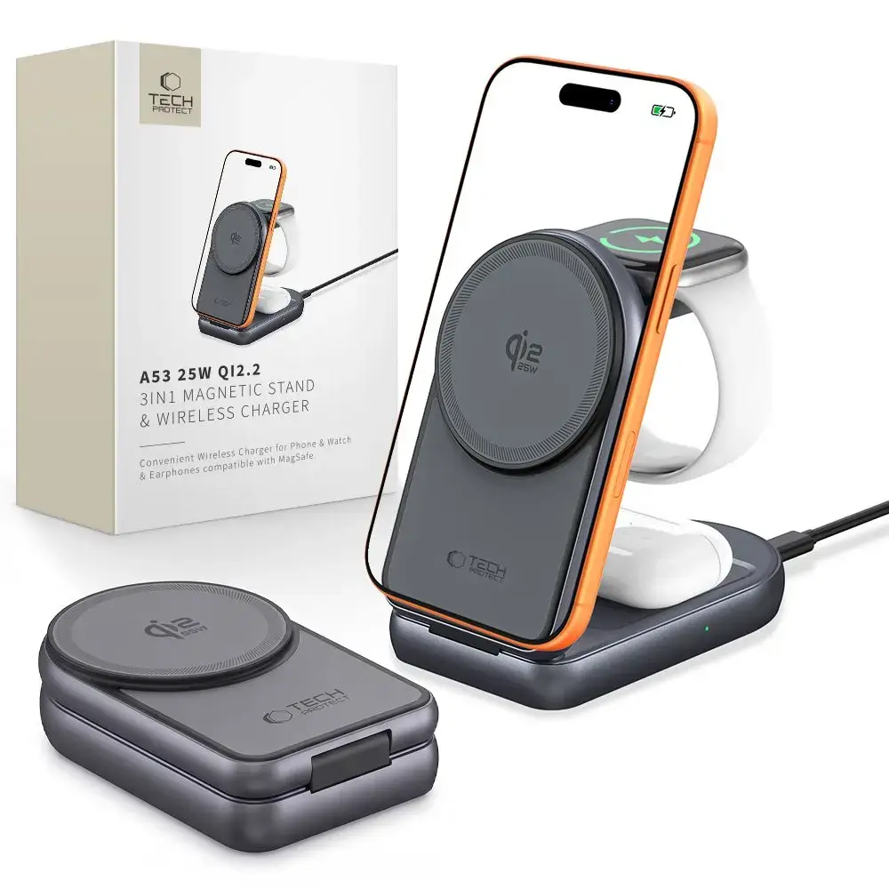 Tech-Protect A53 3-in-1 bezvadu lādētājs | Qi 2.2 | Saderīgs ar MagSafe | 25W | pelēks