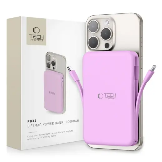 Tech-Protect PB31 LifeMag external battery (powerbank) | 10000 mAh | 18W | USB-C, USB-A, Lightning, MagSafe | lavender