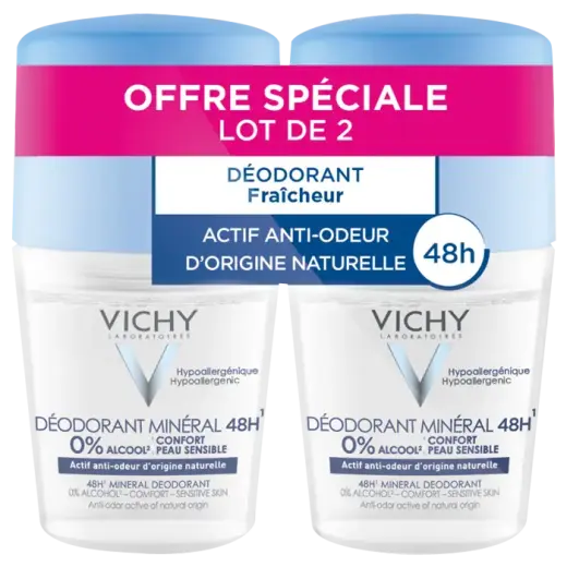 VICHY Mineral Deodorant 48H Roll on Antiperspirant Without Aluminum Salts 2X50ml