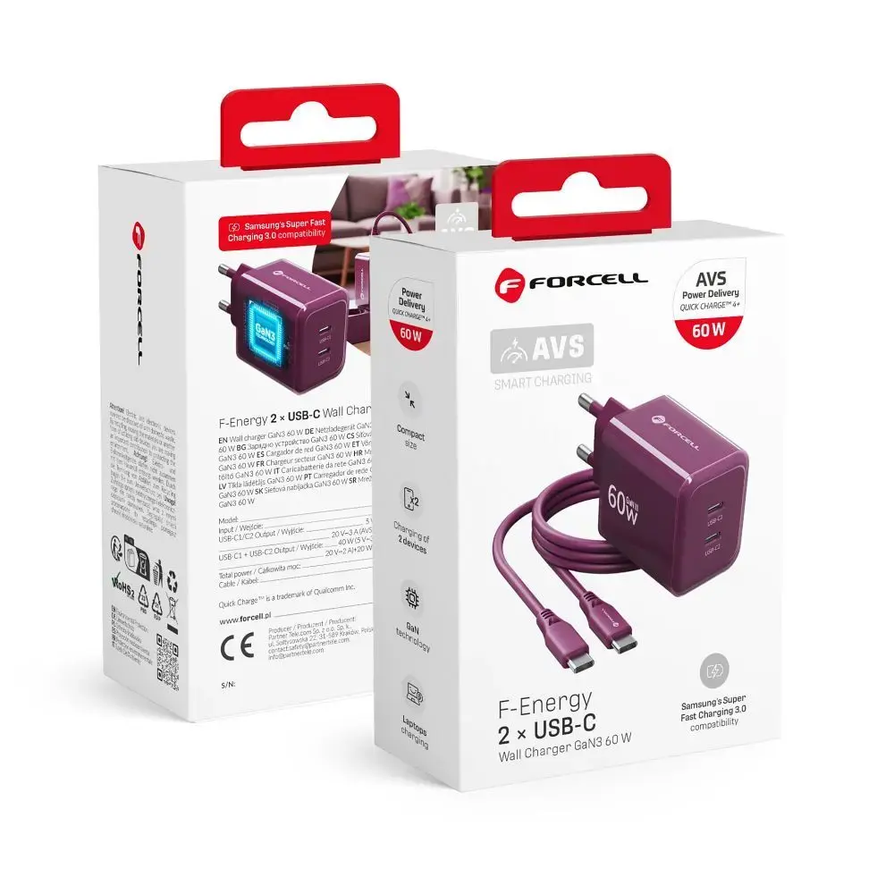 Forcell F-Energy GaN III Crystal Color tīkla lādētājs | 60W | GaN, PPS | USB-C | ar USB-C uz USB-C vadu komplektā | sarkans