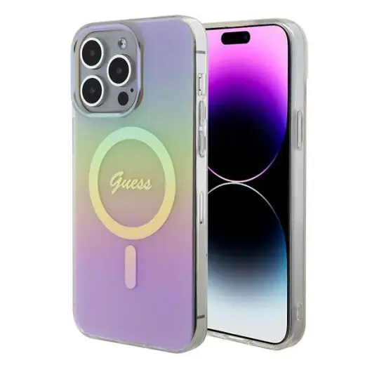 Guess GUHMP15XHITSP IML Iridescent maciņš ar MagSafe atbalstu telefonam iPhone 15 Pro Max rozā (dizains 2)
