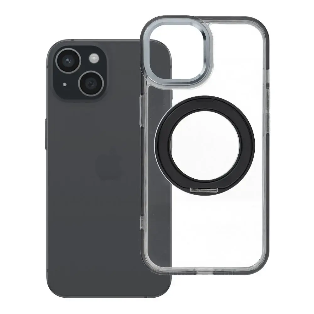 Frame Circle Stand telefono dėklas su stovu ir MagSafe palaikymu iPhone 15 juodas