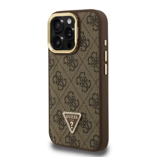 Guess PU 4G Strass Triangle Logo Stand Camera Frame MagSafe Case for iPhone 16 Pro Brown