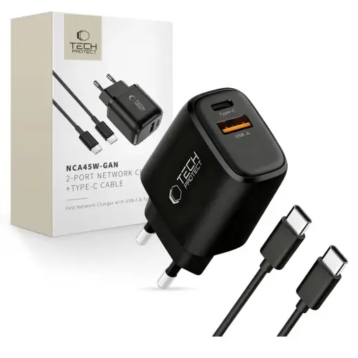 Зарядное устройство Tech-Protect NCA45W-GAN | 45W | PD, QC, GaN | USB-C, USB-A | с кабелем USB-C на USB-C в комплекте | чёрное