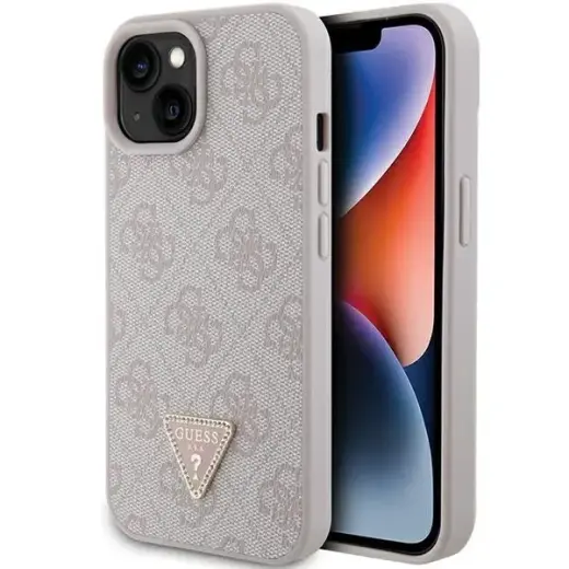 Guess Leather 4G Triangle Strass maciņš telefonam iPhone 15 rozā