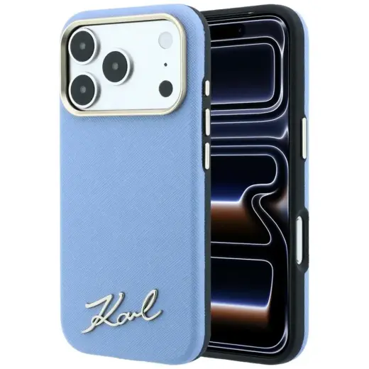 Karl Lagerfeld Saffiano Small Script Metal Logo чехол с поддержкой MagSafe для телефона iPhone 17 Pro | iPhone 18 Pro синий