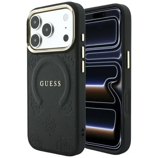 Guess Saffiano Peony & Ring maciņš ar statīvu un MagSafe atbalstu telefonam iPhone 18 Pro | iPhone 17 Pro melns