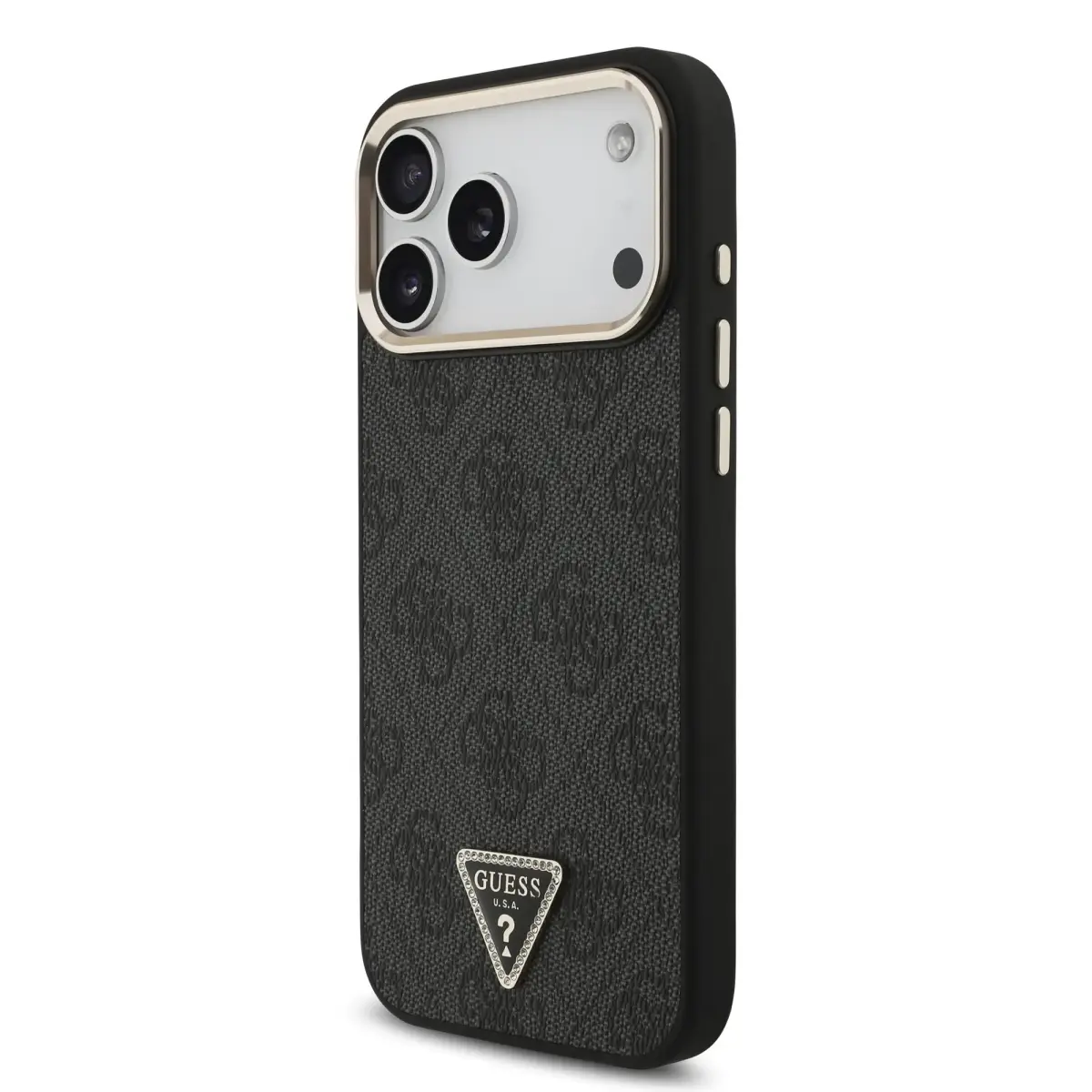 Guess PU Leather 4G Strass Triangle Logo Gold Frame telefono dėklas su MagSafe palaikymu iPhone 18 Pro Max juodas