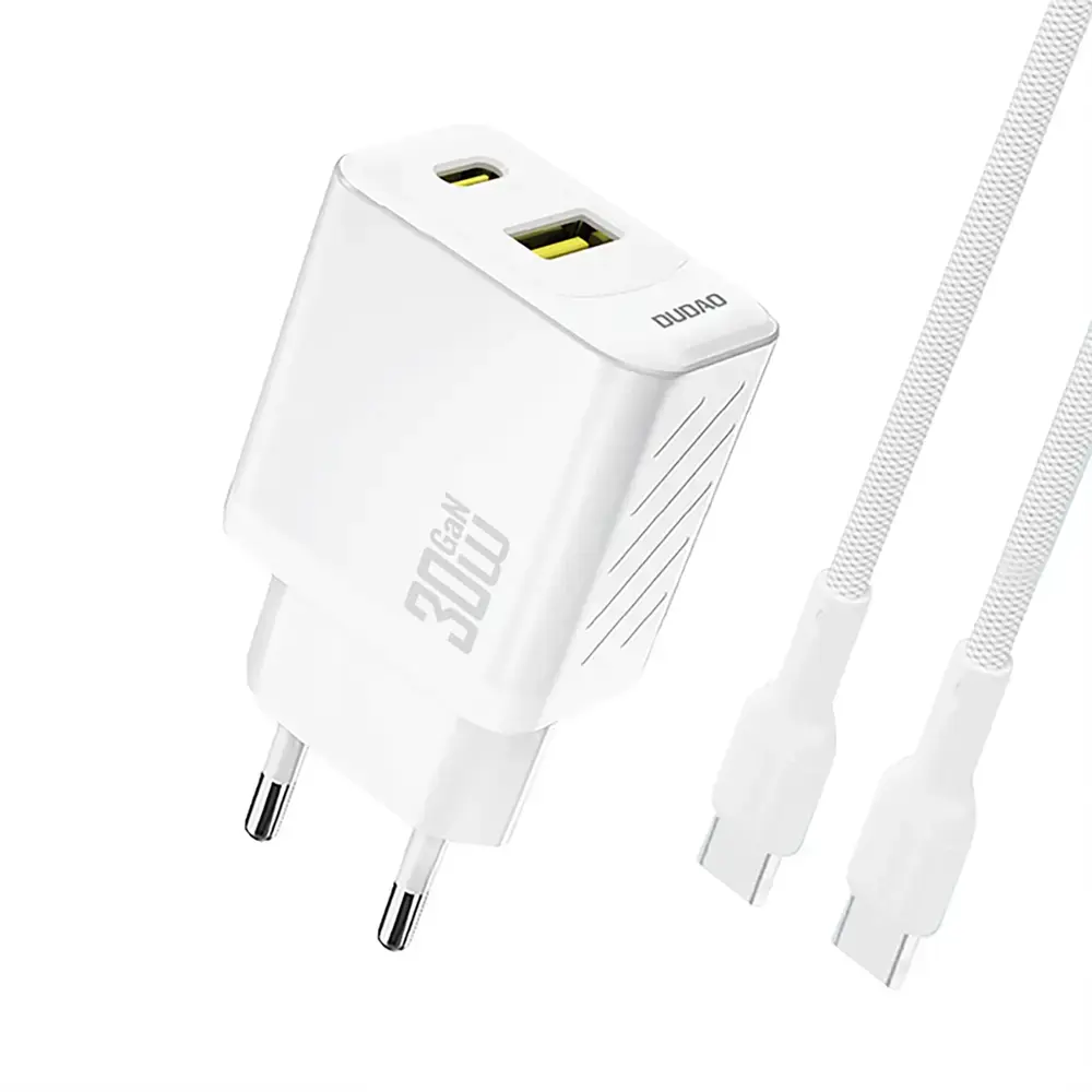 Зарядное устройство Dudao A27TCEU | 30W | PD, GaN | USB-A, USB-C | с кабелем USB-C на USB-C в комплекте | белое