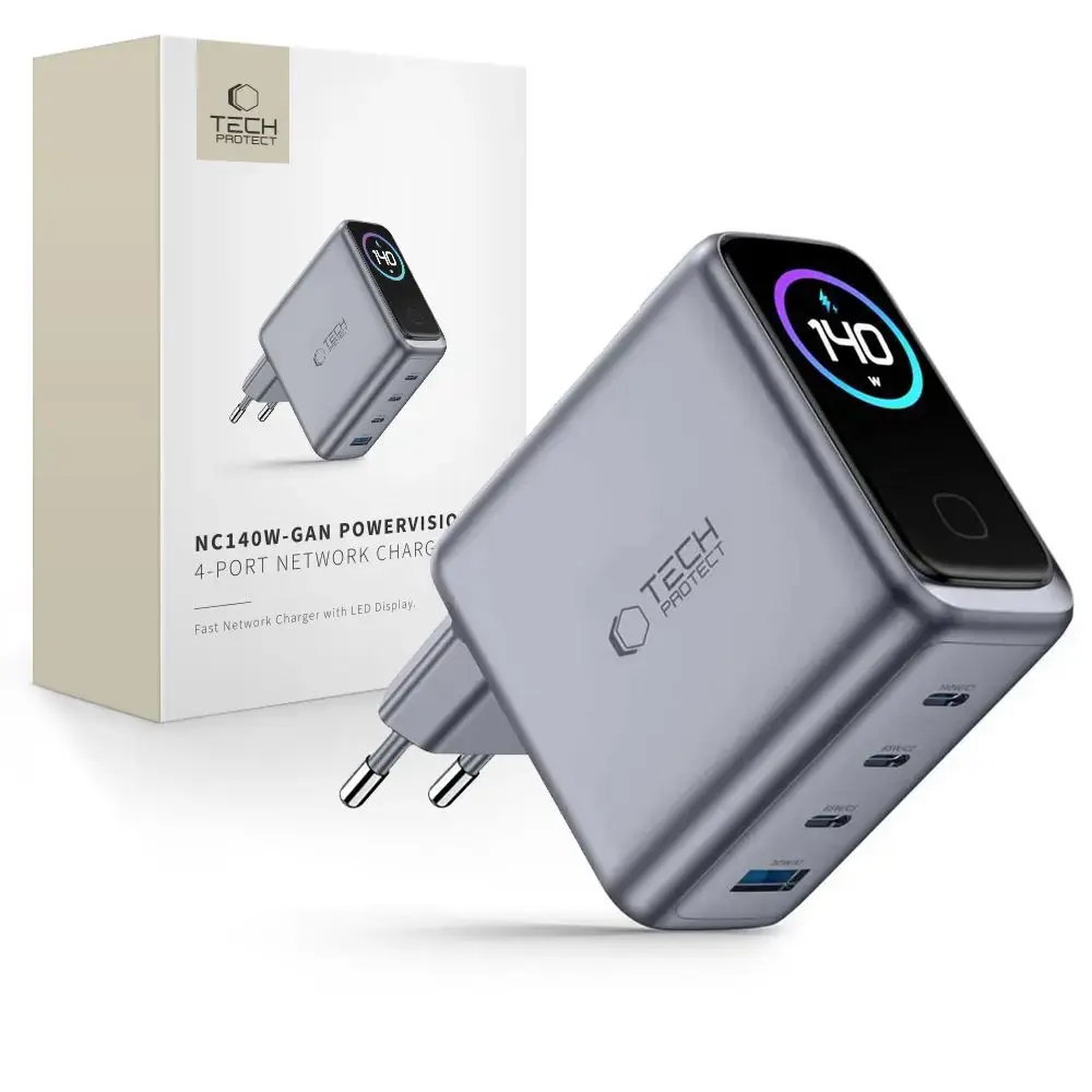 Tech-Protect PowerVision tīkla lādētājs | 140W | PD, QC, GaN | pelēks
