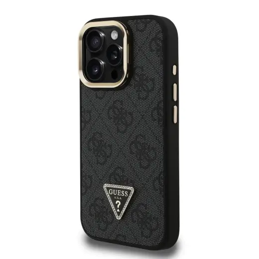 Guess PU 4G Strass Triangle Logo Stand Camera Frame MagSafe чехол для телефона iPhone 15 Pro Max черный