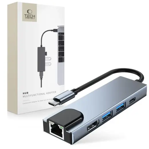 Tech-Protect V3 5-in-1 USB-jaotur | USB-C kuni USB 3.0, USB 2.0, USB-C, HDMI, RJ45 | hall