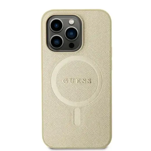 Guess GUHMP15SPSAHMCB Saffiano maciņš ar MagSafe atbalstu telefonam iPhone 15 zelta krāsā