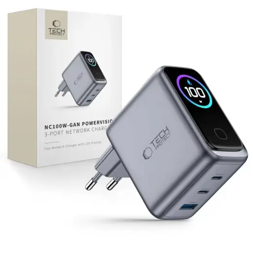 Tech-Protect PowerVision tīkla lādētājs | 100W | PD, QC, GaN | pelēks