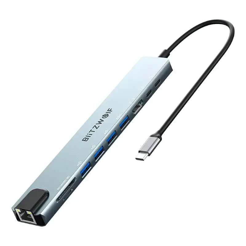 BlitzWolf BW-TH5 10-in-1 dokstacija | USB-C uz USB 3.0, USB 2.0, HDMI, SD, microSD, USB-C, RJ45 | 100W | sudraba krāsā