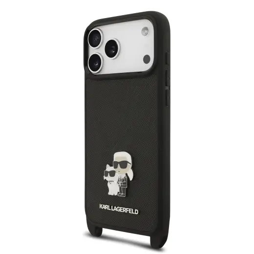 Karl Lagerfeld Saffiano Crossbody Strap Metal Karl and Choupette Case for iPhone 17 Pro Black