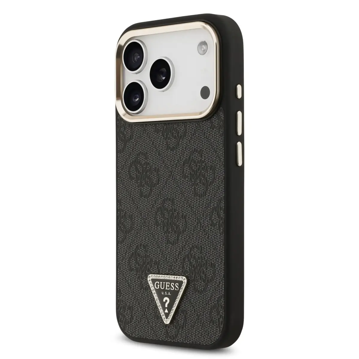 Guess 4G Strass Triangle Logo Gold Frame phone case with MagSafe support for iPhone 18 Pro black