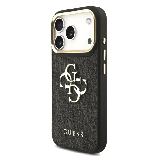 Guess PU Leather 4G Metal Logo Gold Frame Case for iPhone 17 Pro Black